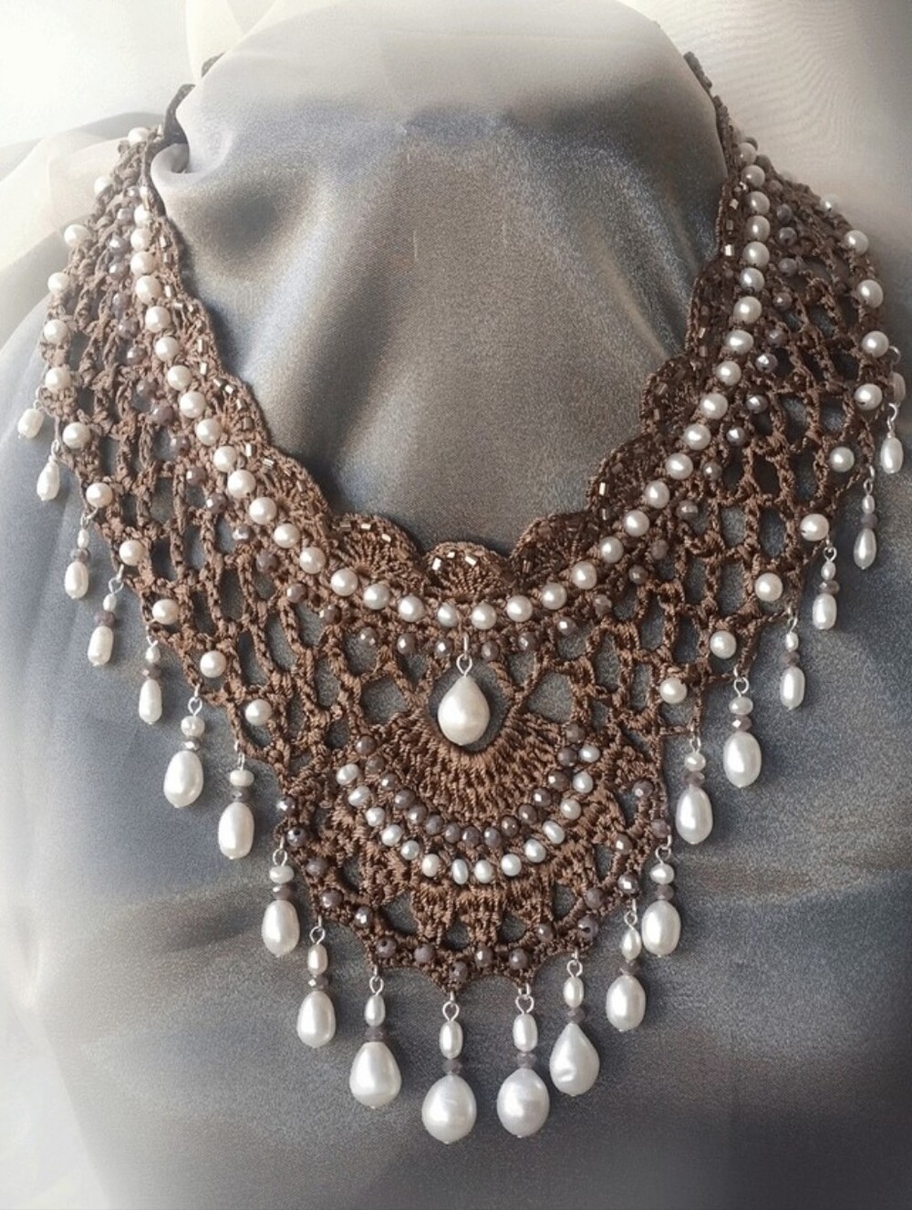 Authentic Jewelry Natural Freshwater Pearls Silk Crochet Statement Necklace